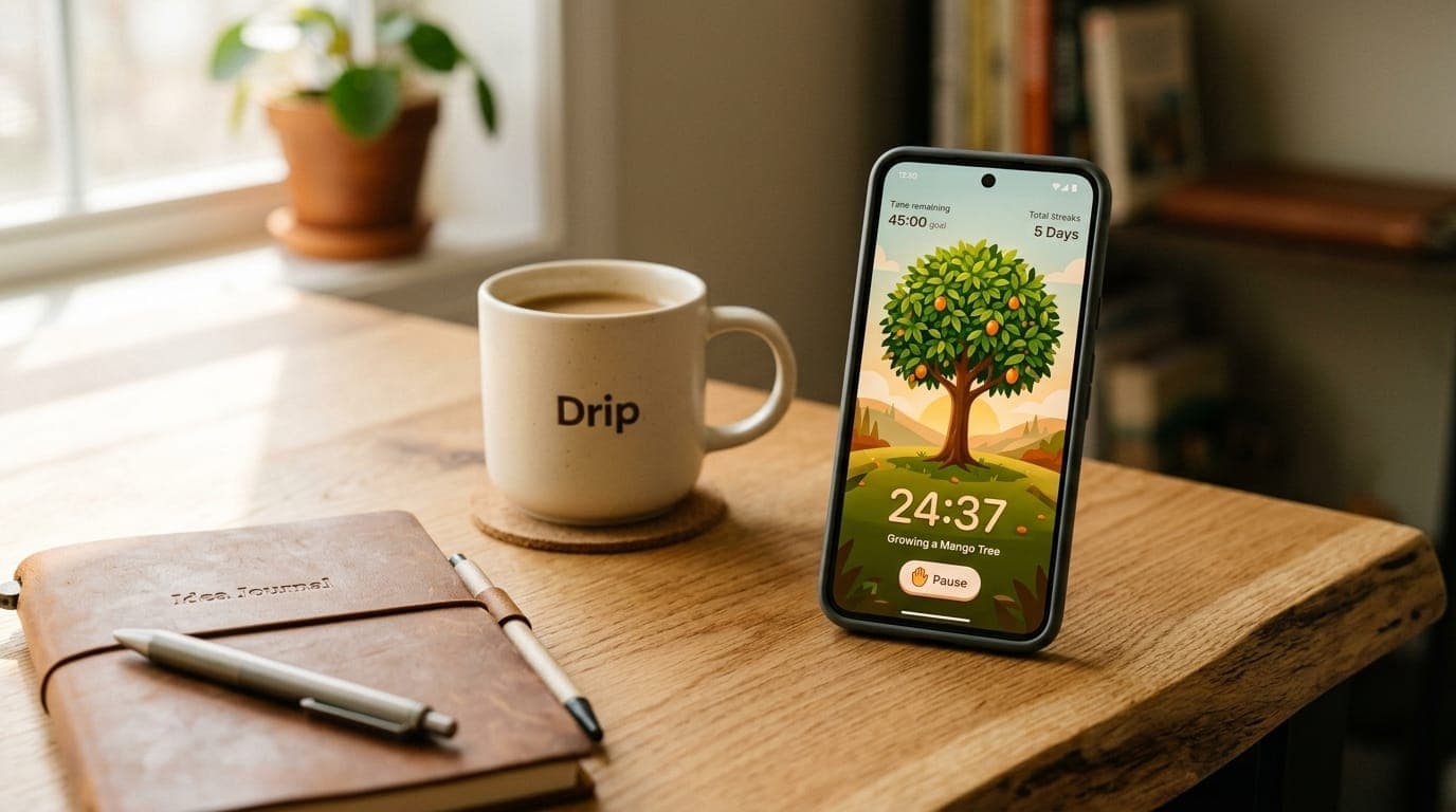 Mobile phone displaying Forest app with virtual tree for focus sessions