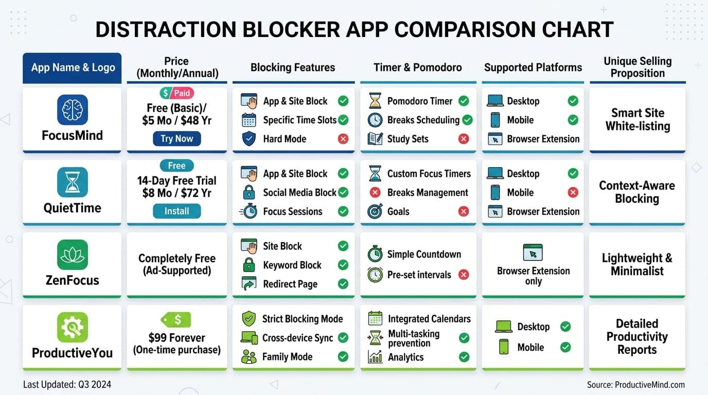 Comparison chart of budget distraction blocker features and pricing