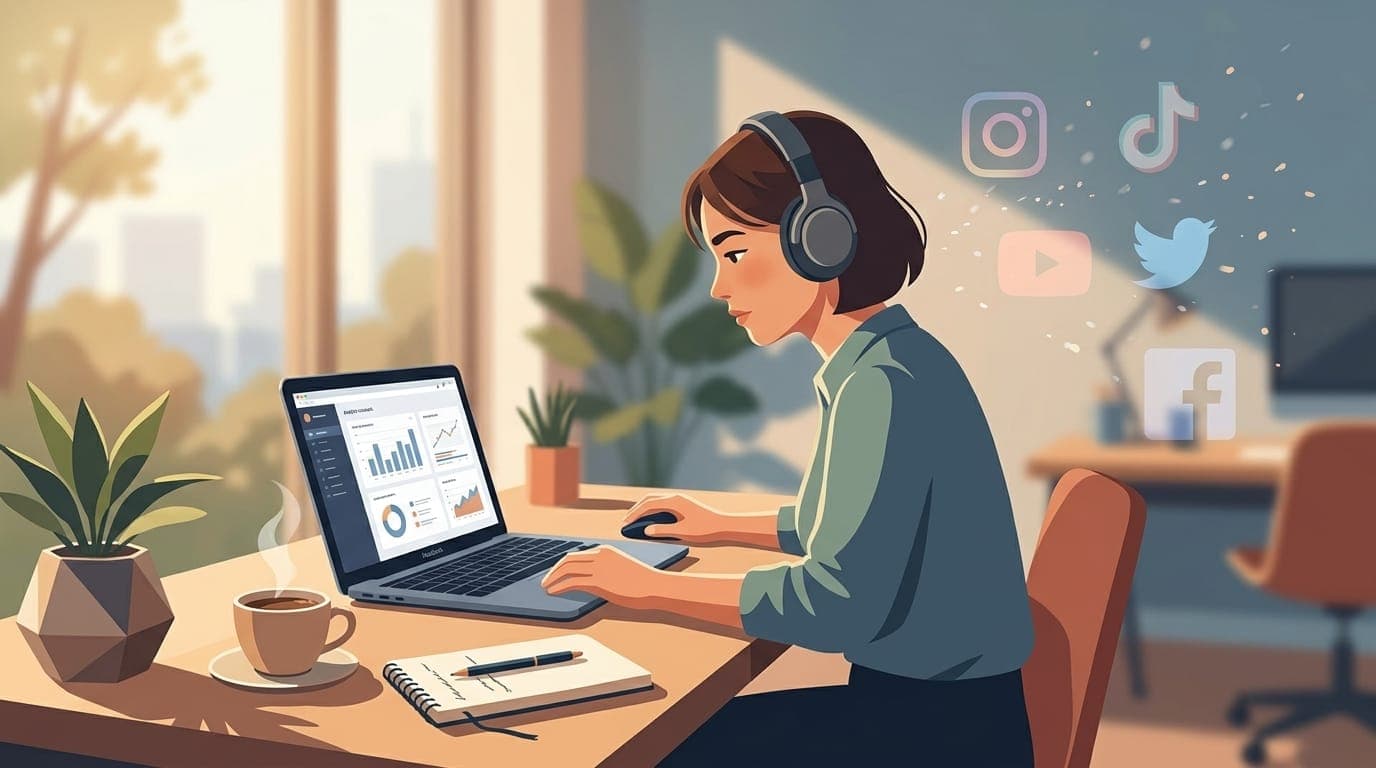 Person working productively with social media distractions blocked in background