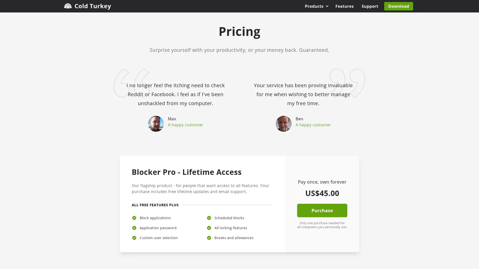 Cold Turkey Blocker pricing: free version and $45 Pro lifetime license
