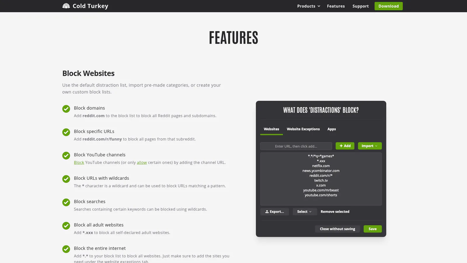 Cold Turkey Blocker features including website blocking, app blocking, and scheduled blocks