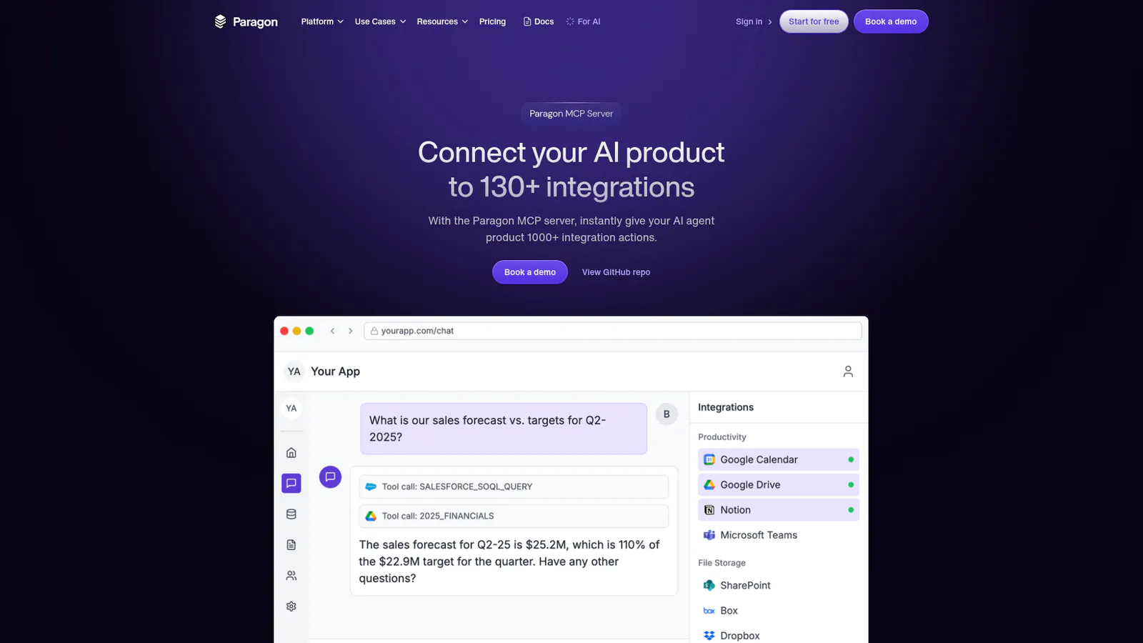 Paragon MCP server interface showing 130+ integrations for AI agents