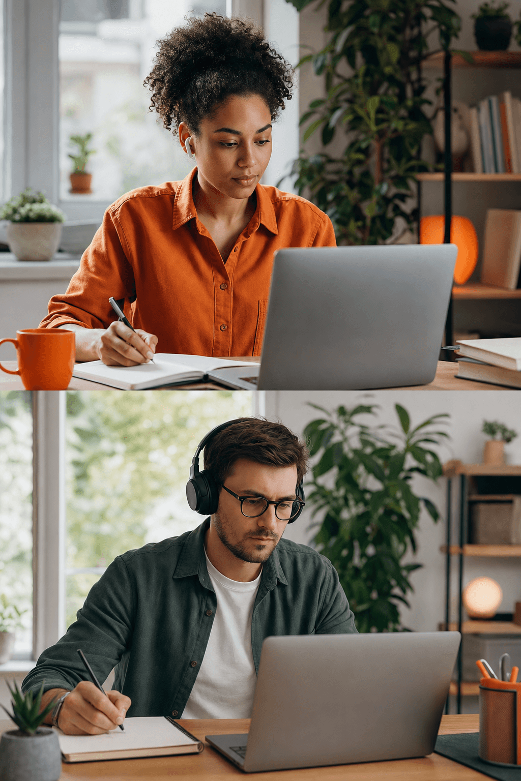Two people on a video call at separate desks, both visibly working, natural daylight through windows, warm and focused atmosphere. Alt: Focusmate virtual accountability session for distraction-free deep work.
