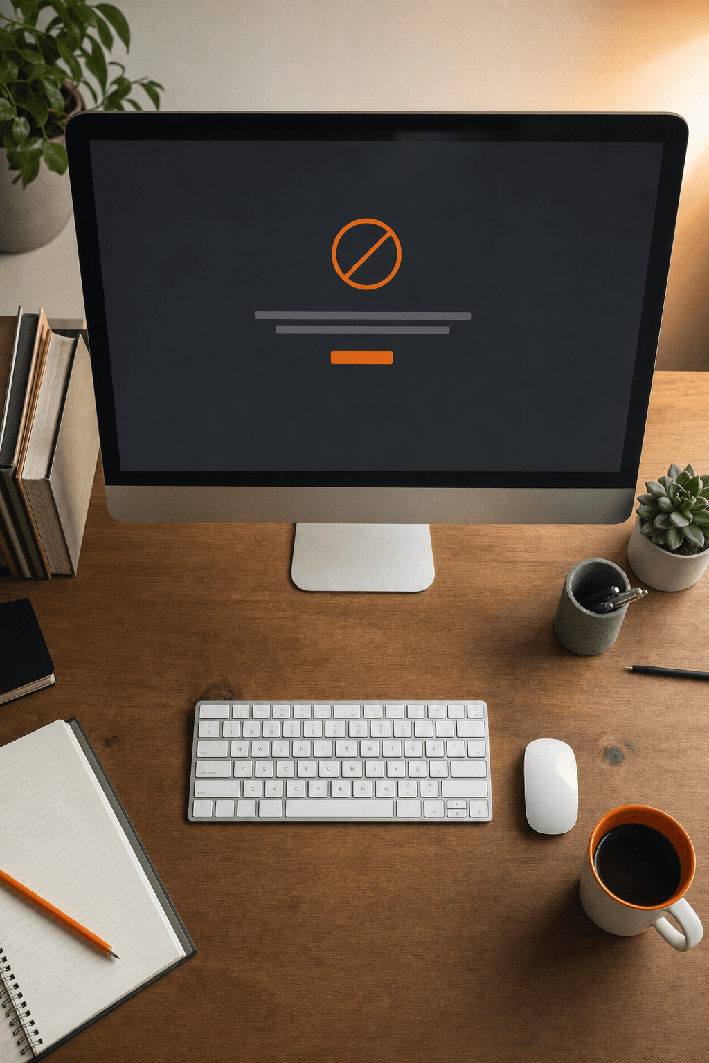 A calm workspace with a desktop monitor displaying a blocked website notice on a dark screen, overhead shot of a tidy wooden desk with a keyboard and a cup of coffee. Alt: Cold Turkey website blocker showing a blocked page on a desktop monitor.