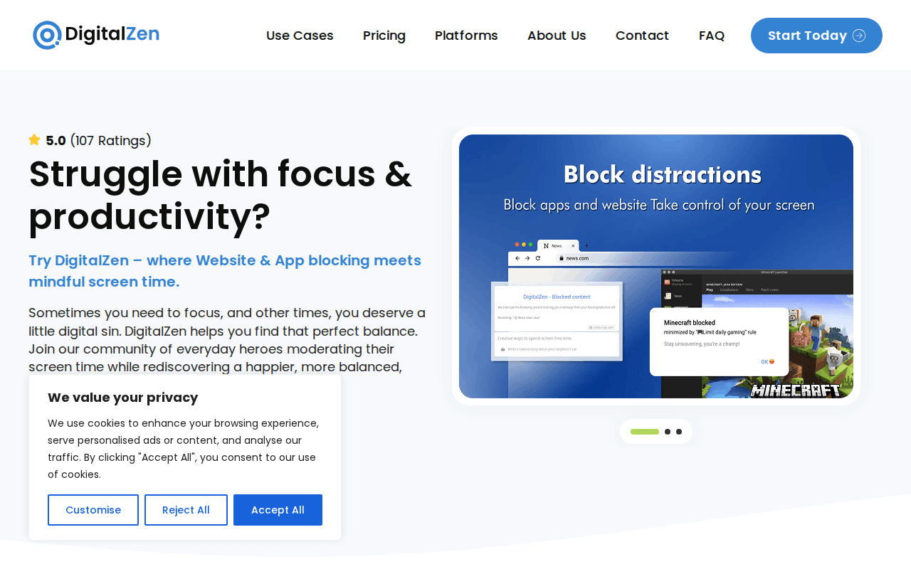 DigitalZen website and app blocker homepage screenshot