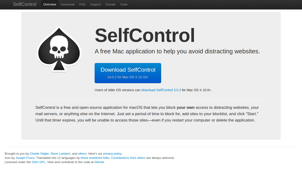 SelfControl macOS website blocker homepage screenshot