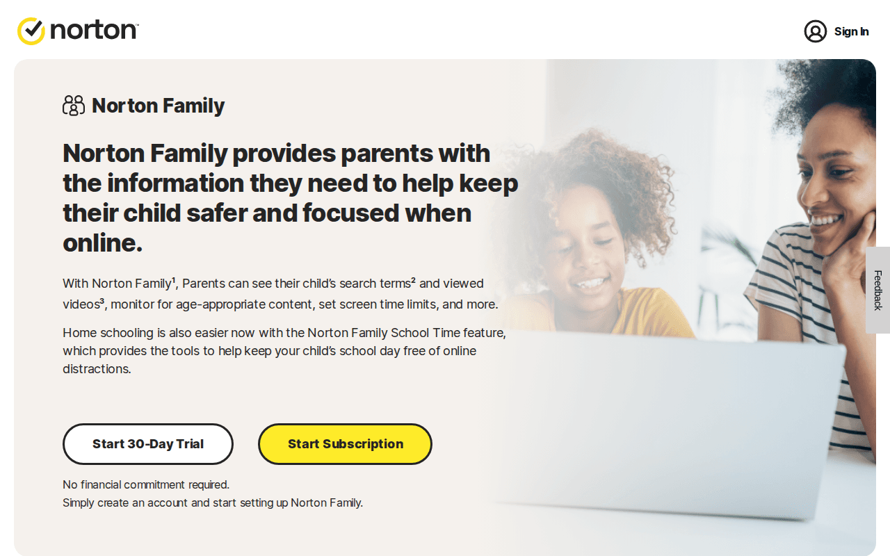 Norton Family parental control website blocker homepage screenshot