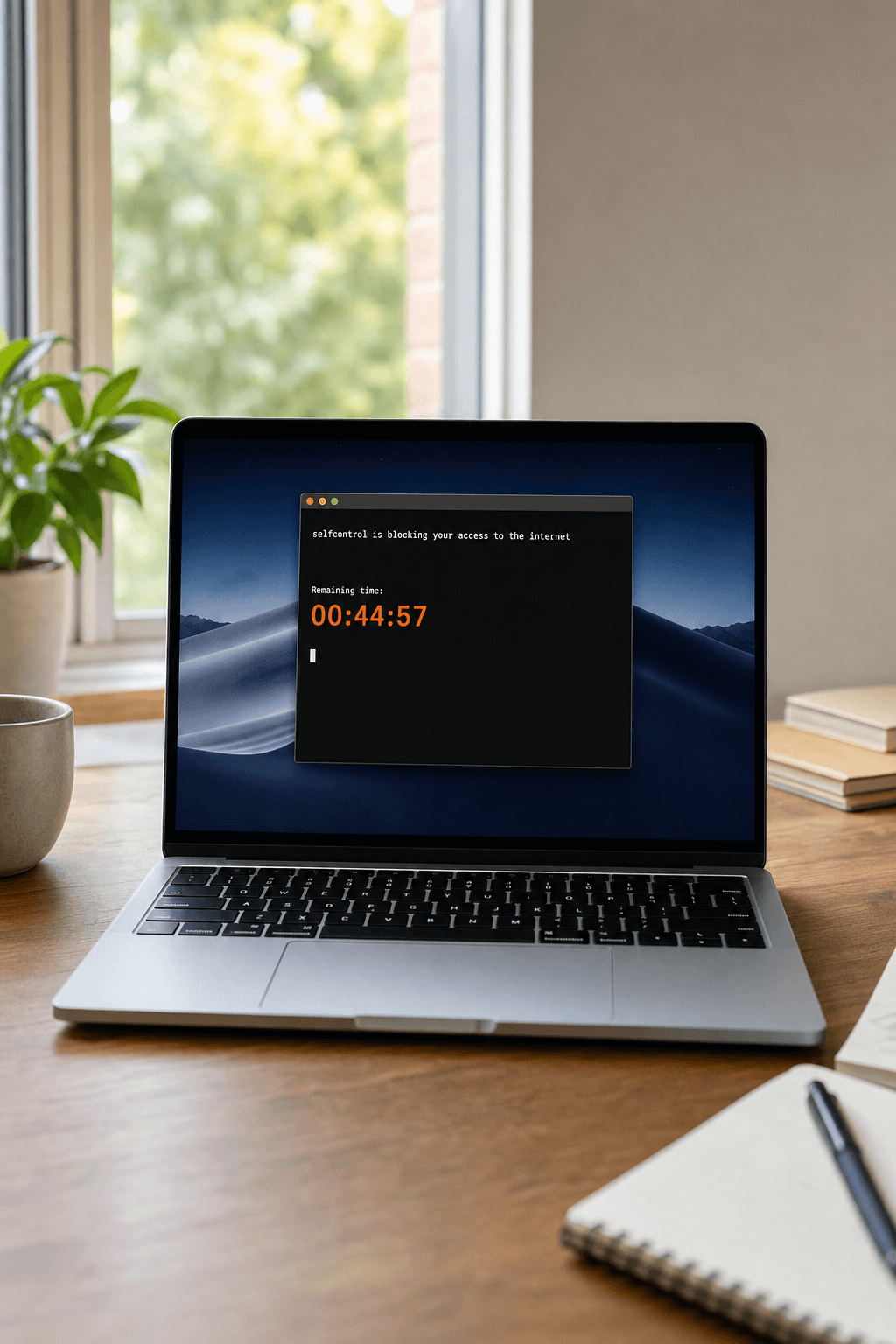 A MacBook on a wooden desk with a clean terminal window open, showing a timer counting down on a macOS focus session, soft natural daylight from a window in the background, photorealistic editorial style. Alt: SelfControl free system-level website blocker running on macOS with a countdown timer.